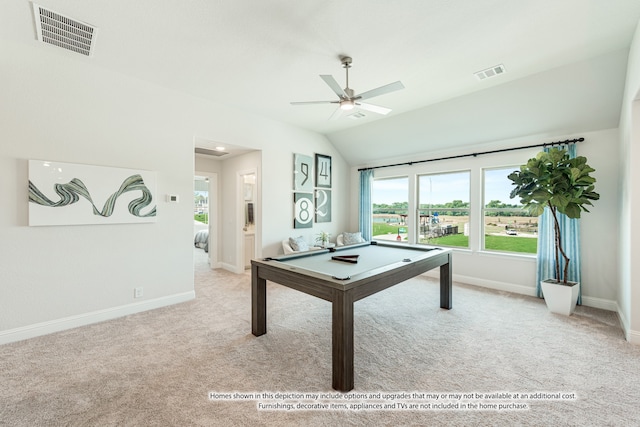 playroom featuring vaulted ceiling, pool table, light colored carpet, and ceiling fan