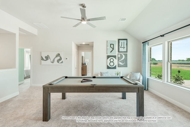 rec room with light carpet, billiards, lofted ceiling, and ceiling fan