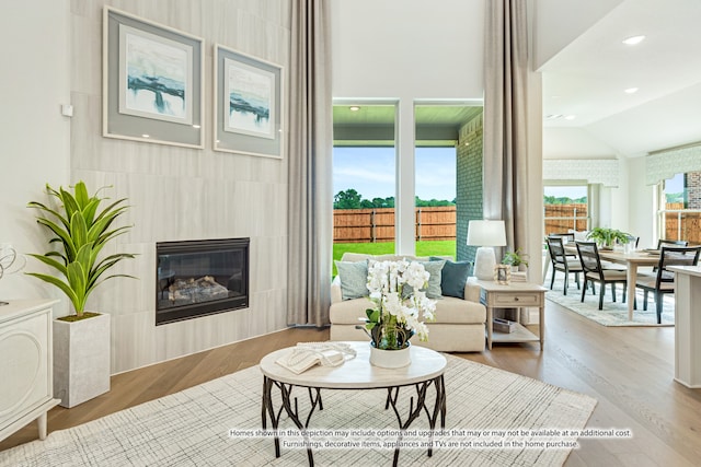 living room with lofted ceiling and hardwood / wood-style flooring