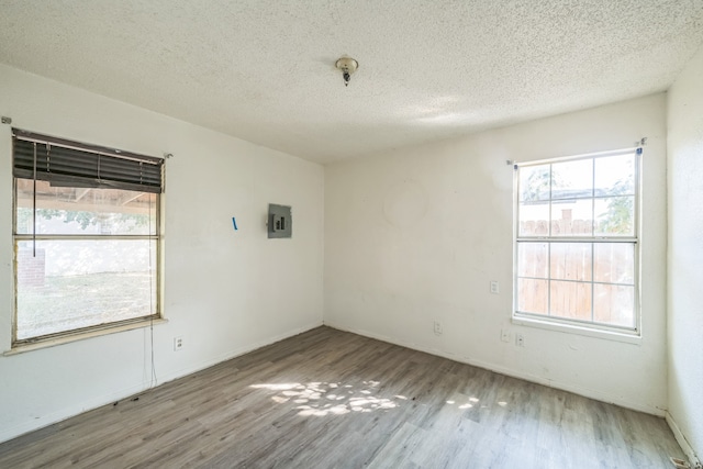 unfurnished room featuring a textured ceiling, electric panel, and light wood-type flooring