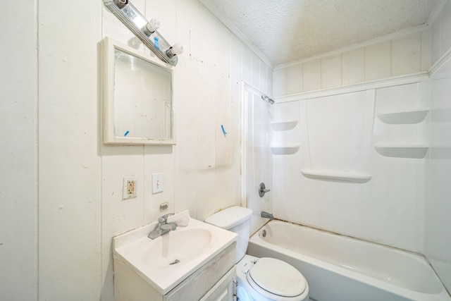 full bathroom with toilet, shower / washtub combination, crown molding, vanity, and a textured ceiling