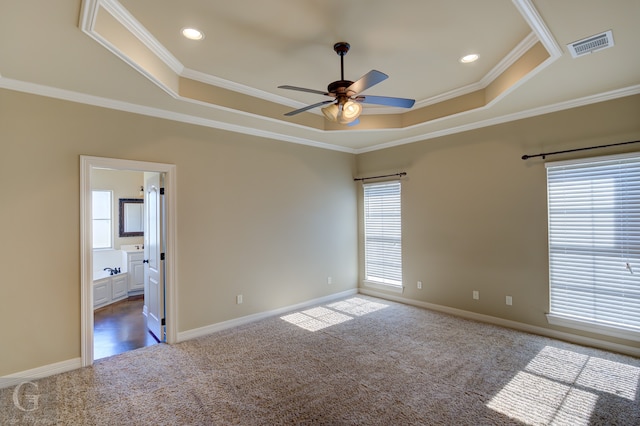 carpeted spare room with a wealth of natural light, crown molding, and a raised ceiling