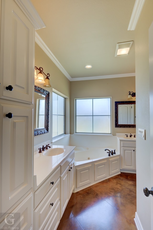 bathroom featuring vanity, crown molding, and a tub to relax in