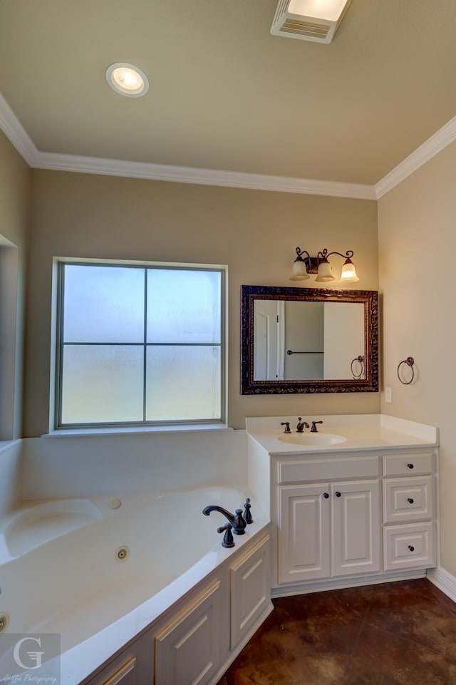 bathroom with vanity, ornamental molding, tile patterned floors, and a bath