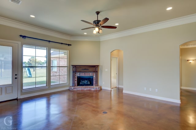 unfurnished living room with crown molding, a fireplace, and ceiling fan