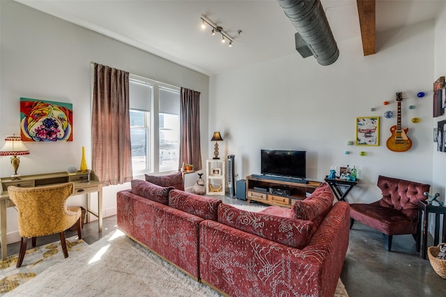 living room featuring rail lighting and concrete floors