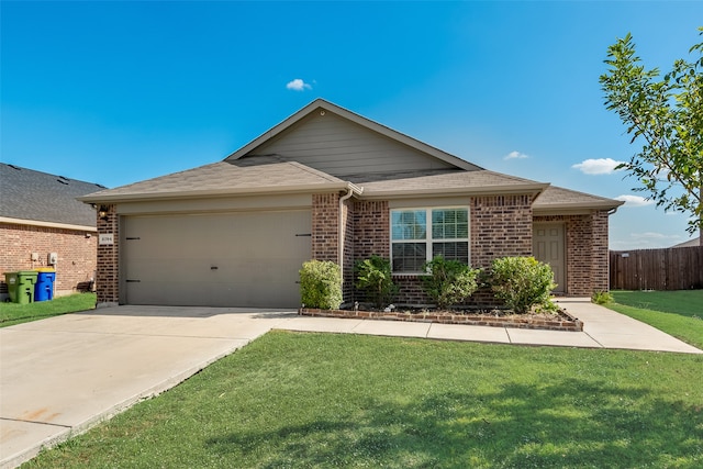 ranch-style house with a front yard and a garage