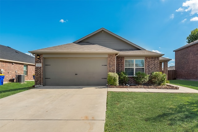 single story home featuring a front yard, central AC unit, and a garage