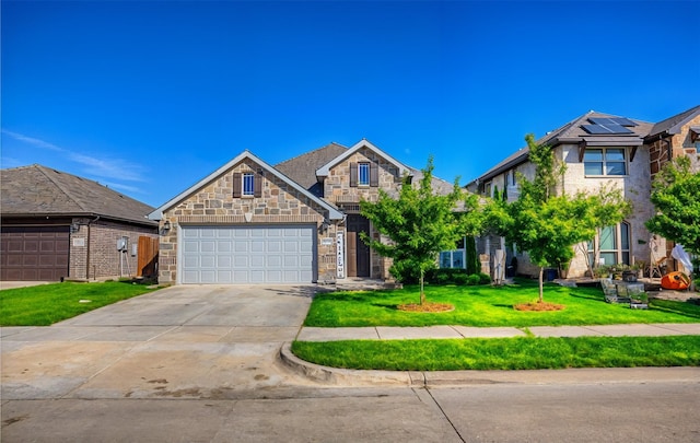4035 Three Forks Rd, Kaufman, TX 75142 - view of front facade featuring a front lawn, concrete driveway, a garage, and stone siding