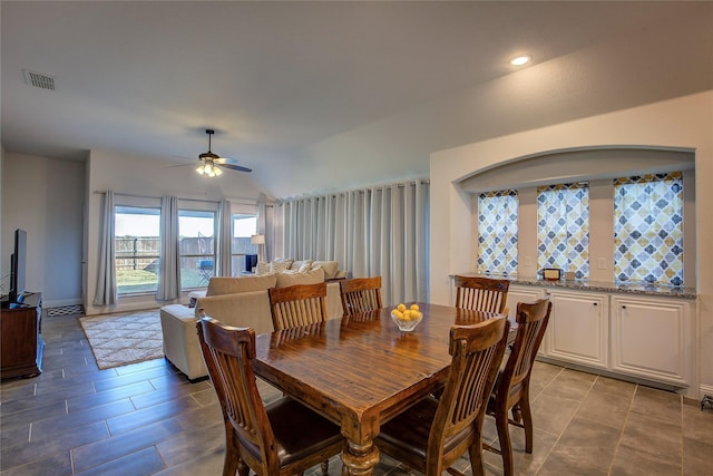 4035 Three Forks Rd, Kaufman, TX 75142 - dining space featuring ceiling fan, lofted ceiling, baseboards, and recessed lighting