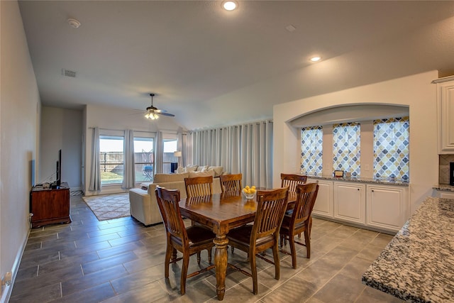 4035 Three Forks Rd, Kaufman, TX 75142 - dining room featuring ceiling fan, vaulted ceiling, and baseboards