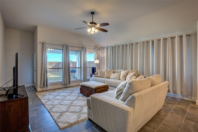 4035 Three Forks Rd, Kaufman, TX 75142 - living area with a ceiling fan, vaulted ceiling, and baseboards