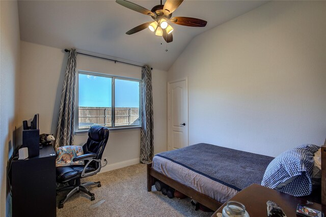 4035 Three Forks Rd, Kaufman, TX 75142 - carpeted bedroom with lofted ceiling, a desk, baseboards, and a ceiling fan