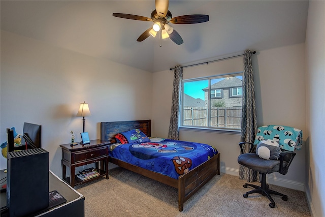 4035 Three Forks Rd, Kaufman, TX 75142 - bedroom featuring carpet flooring, baseboards, ceiling fan, and vaulted ceiling
