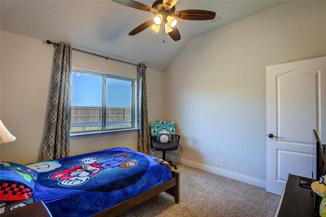 4035 Three Forks Rd, Kaufman, TX 75142 - bedroom with vaulted ceiling, carpet flooring, baseboards, and ceiling fan