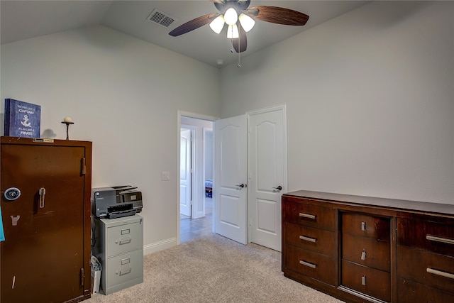 carpeted bedroom featuring ceiling fan and lofted ceiling