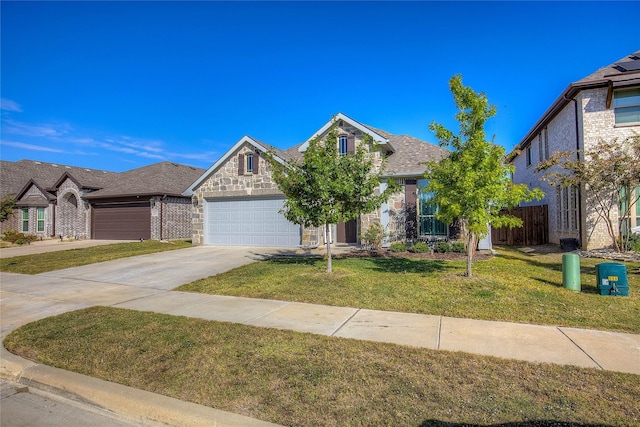 view of front of property with a front yard and a garage