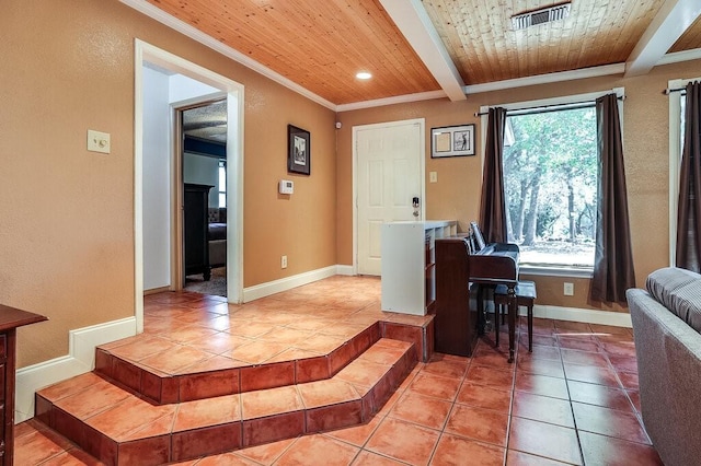 6040A Casey Ct, Fort Worth, TX 76140 - foyer featuring visible vents, crown molding, light tile patterned floors, baseboards, and beamed ceiling