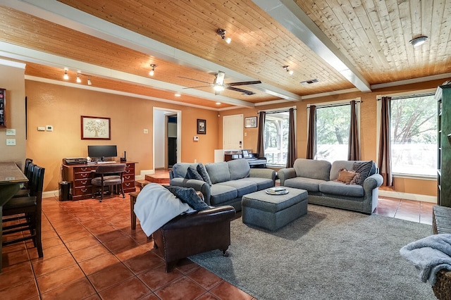 living room featuring dark tile patterned floors, beamed ceiling, wood ceiling, and ceiling fan