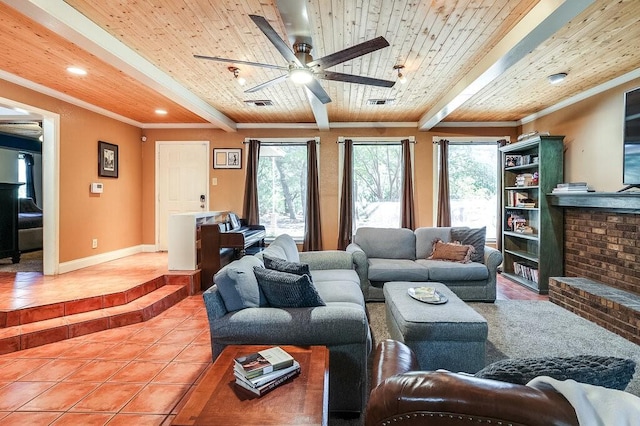 6040A Casey Ct, Fort Worth, TX 76140 - living room with visible vents, beam ceiling, light tile patterned flooring, ceiling fan, and recessed lighting