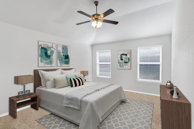 bedroom with ceiling fan and light colored carpet