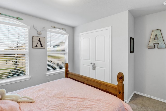 bedroom featuring carpet flooring, multiple windows, and a closet