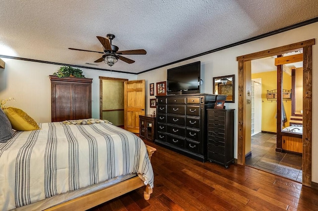 6048 Casey Ct, Fort Worth, TX 76140 - bedroom with ornamental molding, a ceiling fan, hardwood / wood-style flooring, and a textured ceiling