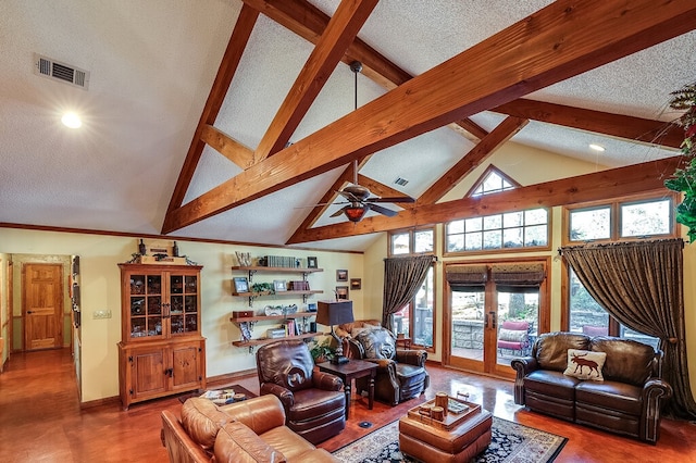 living room with ceiling fan, a textured ceiling, high vaulted ceiling, beamed ceiling, and french doors