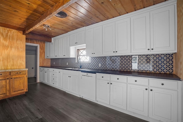 kitchen featuring white dishwasher, white cabinetry, beamed ceiling, and wooden ceiling