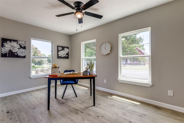 home office featuring ceiling fan and light hardwood / wood-style floors