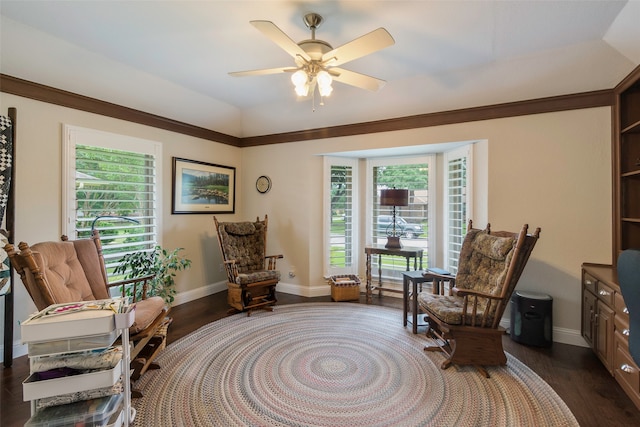 living area featuring ceiling fan and dark wood-type flooring