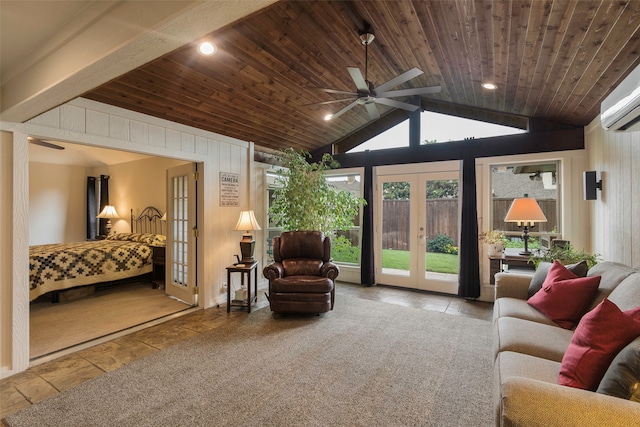 sunroom featuring wooden ceiling, french doors, vaulted ceiling with beams, ceiling fan, and a wall unit AC