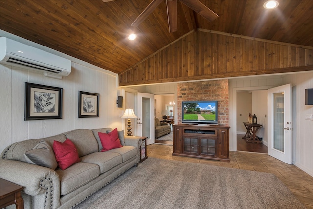 living room with a wall mounted air conditioner, wooden ceiling, lofted ceiling, and french doors