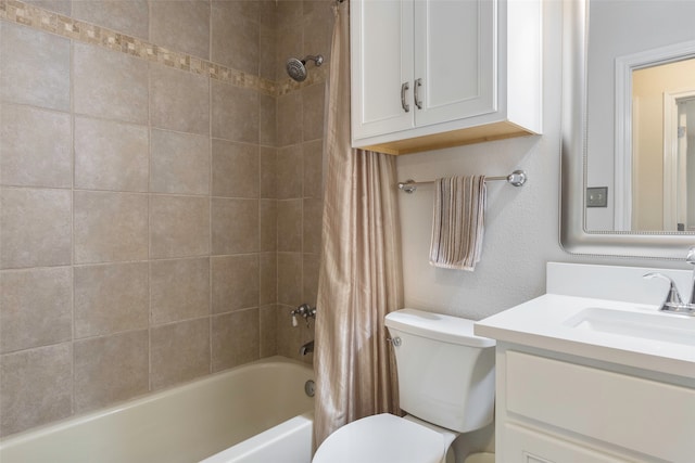 full bathroom with vanity, toilet, and shower / bathtub combination with curtain