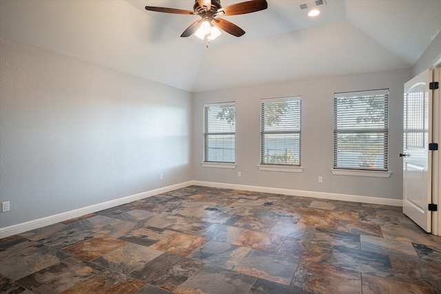 unfurnished room featuring lofted ceiling and ceiling fan