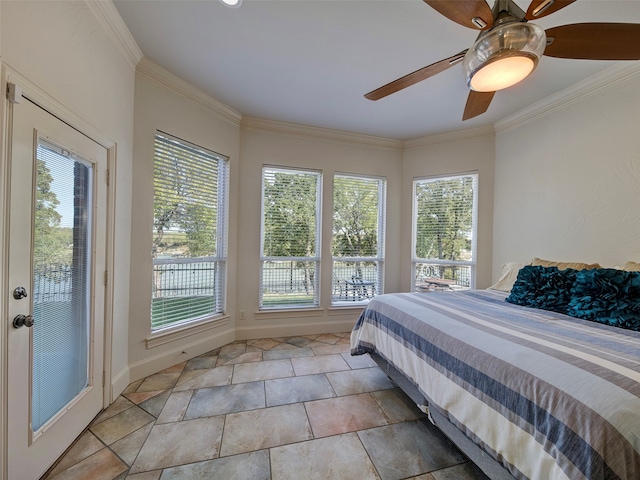 bedroom with ceiling fan, crown molding, and multiple windows