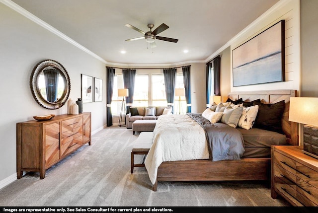 bedroom featuring ceiling fan, light carpet, and ornamental molding