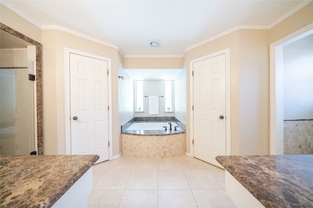 bathroom featuring ornamental molding, shower with separate bathtub, and tile patterned floors