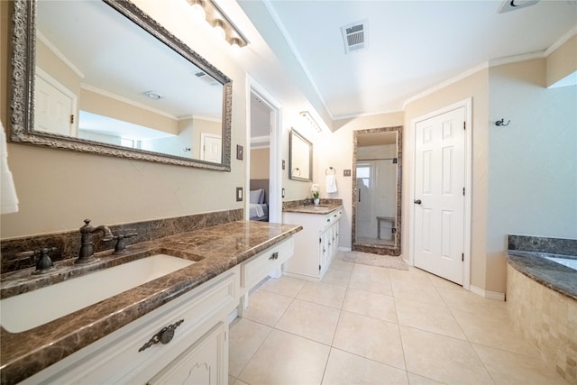 bathroom featuring vanity, separate shower and tub, crown molding, and tile patterned flooring