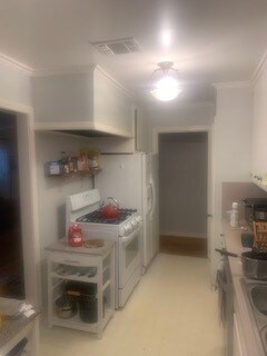 kitchen featuring white range with gas stovetop, visible vents, and ornamental molding