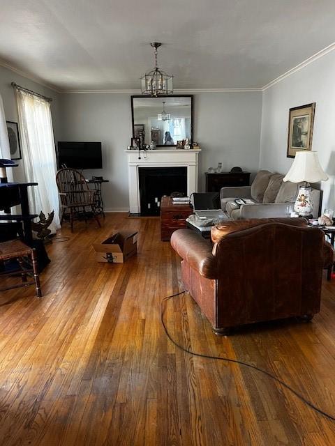 living area with a fireplace, crown molding, and hardwood / wood-style floors
