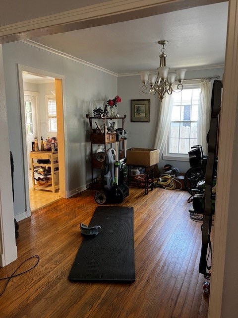 interior space with hardwood / wood-style floors, a notable chandelier, and crown molding