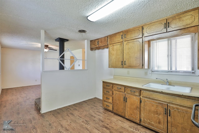 kitchen featuring a textured ceiling, ceiling fan, light hardwood / wood-style floors, and sink