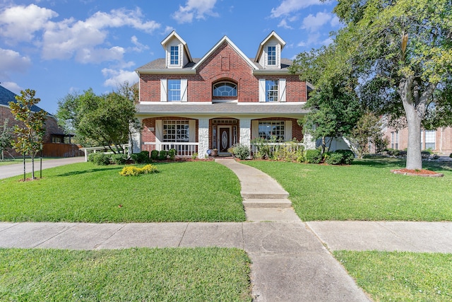 view of front of property featuring covered porch and a front lawn