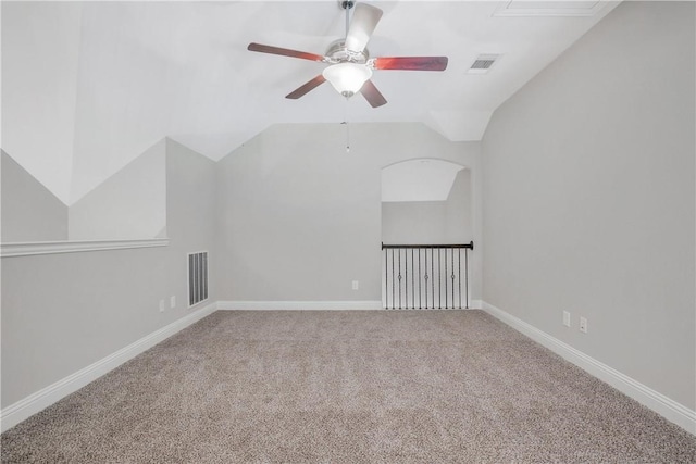 bonus room featuring carpet, vaulted ceiling, and ceiling fan