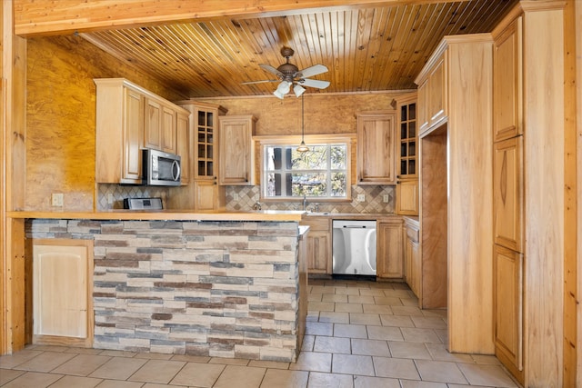 kitchen with wood ceiling, decorative backsplash, ceiling fan, light brown cabinetry, and stainless steel appliances