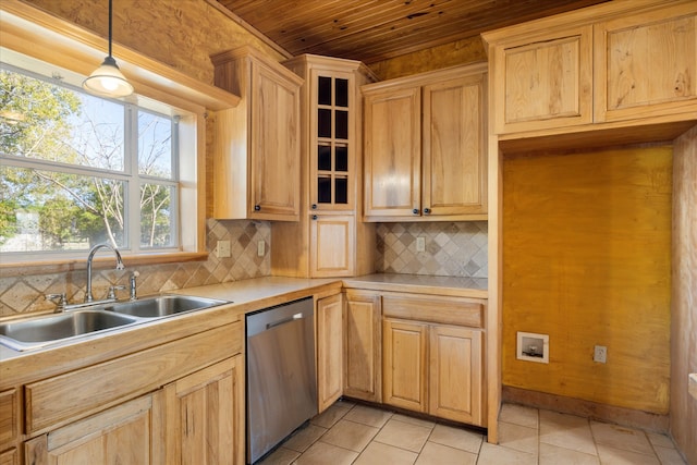 kitchen featuring backsplash, stainless steel dishwasher, wooden ceiling, pendant lighting, and sink