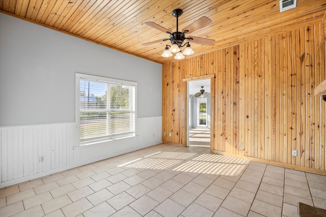 unfurnished room with wood ceiling, wood walls, and ceiling fan