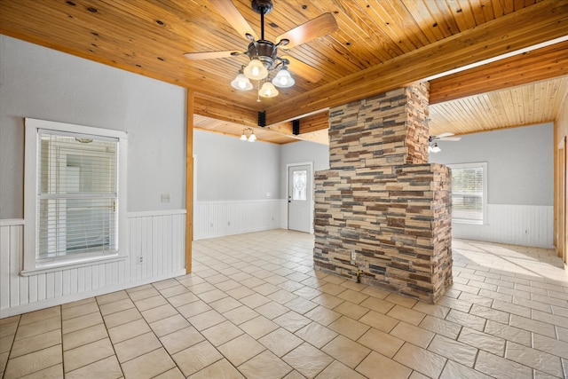 spare room with beamed ceiling, ceiling fan, and wooden ceiling