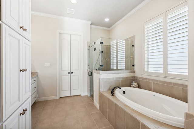 bathroom featuring vanity, independent shower and bath, a healthy amount of sunlight, and crown molding